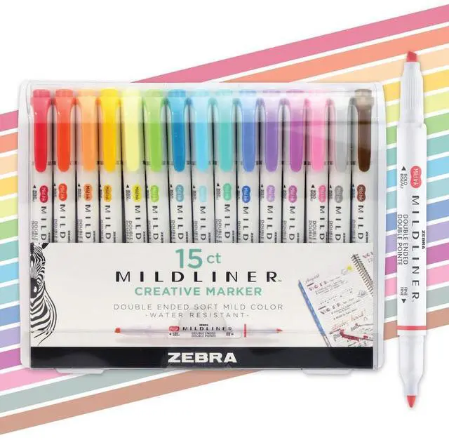Main image of Mildliner Dual-Tip Highlighter Marker Set, Broad and Fine Point Tips, No Bleed, Ideal for Bible Highlighting, Journaling, School and Office Supplies, Assorted Ink Colors, 15-Pack (78115)