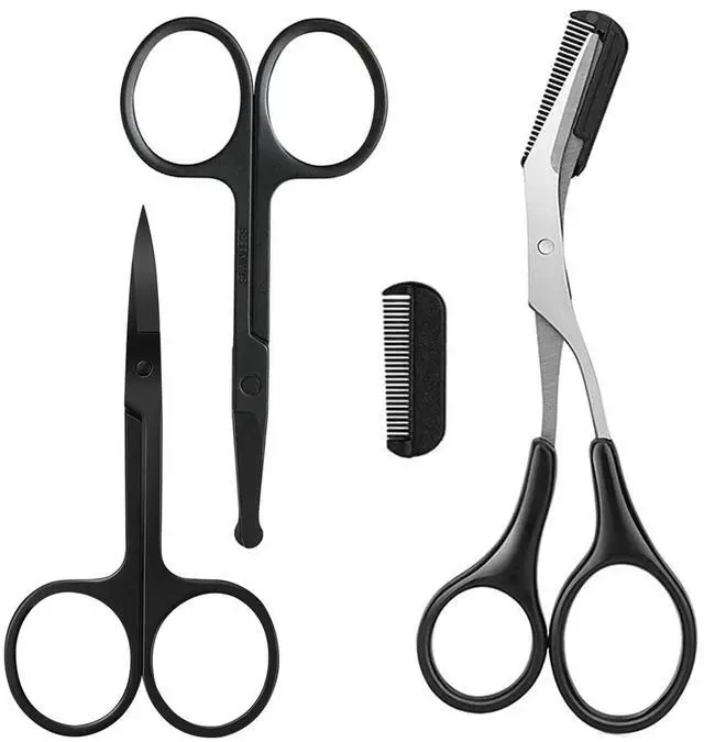 Main image of Scissors with Comb, Facial Hair Small Grooming Scissors For Men Women - Eyebrow Trimmer Scissor for Eyebrows, Nose Hair, Mustache, Beard, Eyelash - 3PCS Black