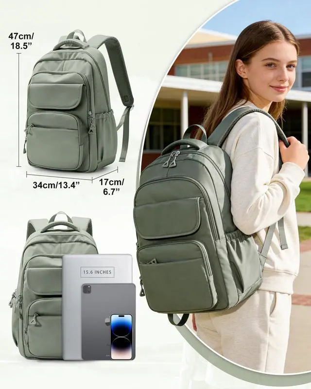 Alt view image 2 of 7 - Student School Backpack for Teen Girls Middle High School Bookbag Casual Daypack, 15.6 Inch Laptop Backpack for College, Green