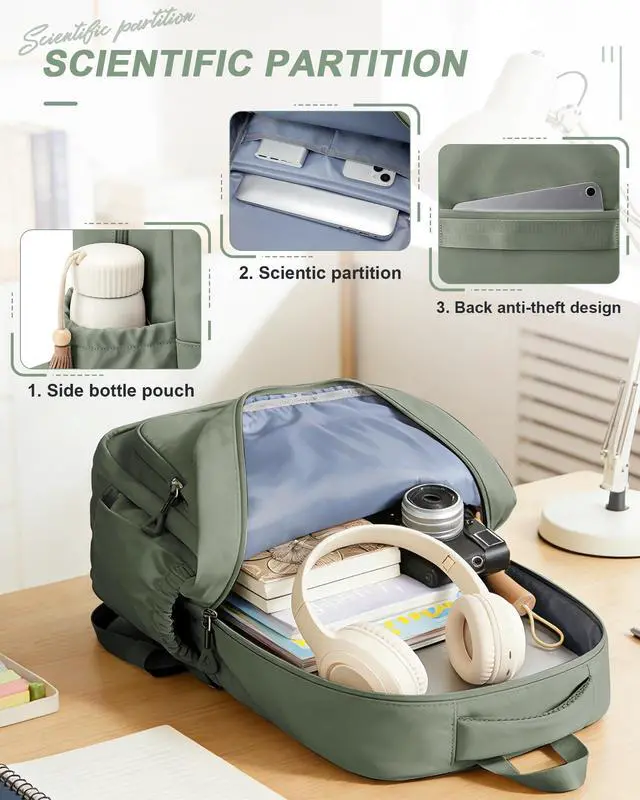 Alt view image 4 of 7 - Student School Backpack for Teen Girls Middle High School Bookbag Casual Daypack, 15.6 Inch Laptop Backpack for College, Green
