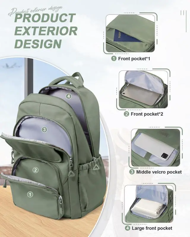Alt view image 5 of 7 - Student School Backpack for Teen Girls Middle High School Bookbag Casual Daypack, 15.6 Inch Laptop Backpack for College, Green