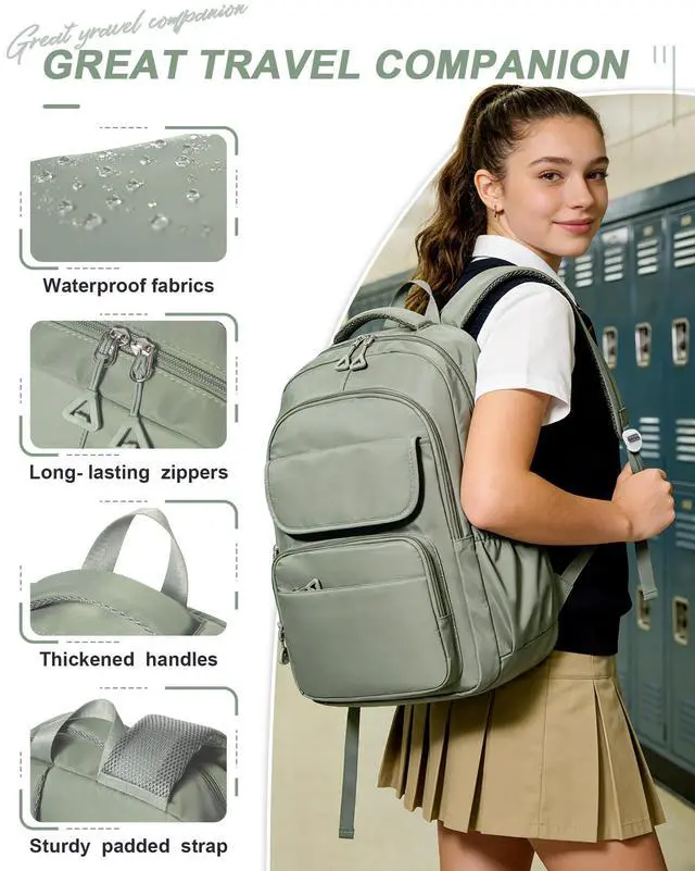 Alt view image 3 of 7 - Student School Backpack for Teen Girls Middle High School Bookbag Casual Daypack, 15.6 Inch Laptop Backpack for College, Green
