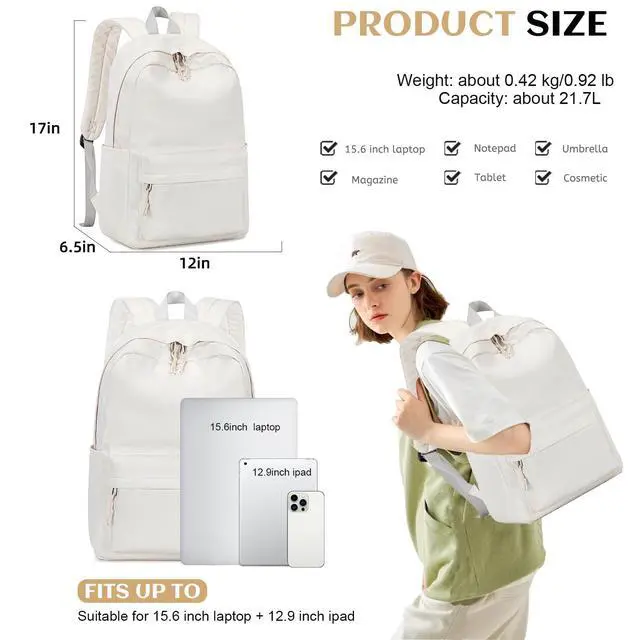 Alt view image 3 of 7 - School Backpack for Teen Girls Women Laptop Backpack College Bookbags Middle School Travel Work Commuter Back Pack(Solid Beige)