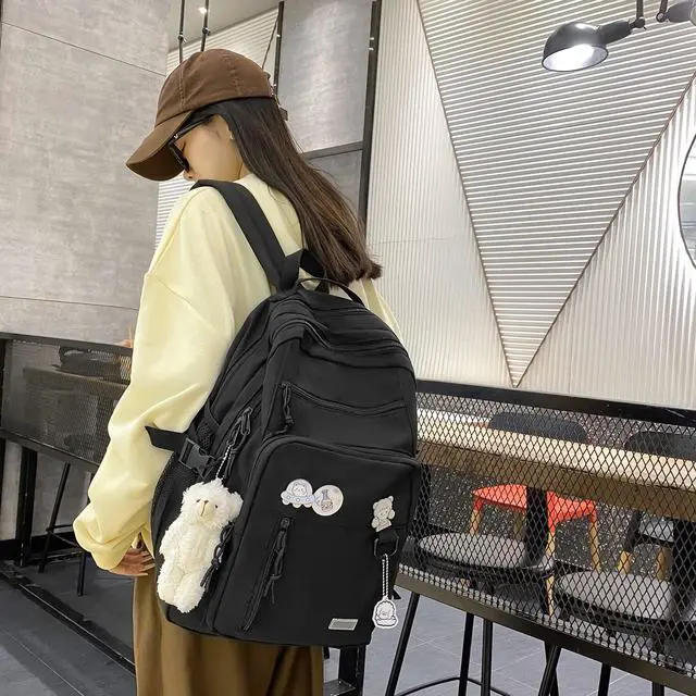 Alt view image 4 of 6 - Cute Aesthetic Backpack for School Middle Student Travel Pink Backpack Teens Girls Bear Pin Book Bags