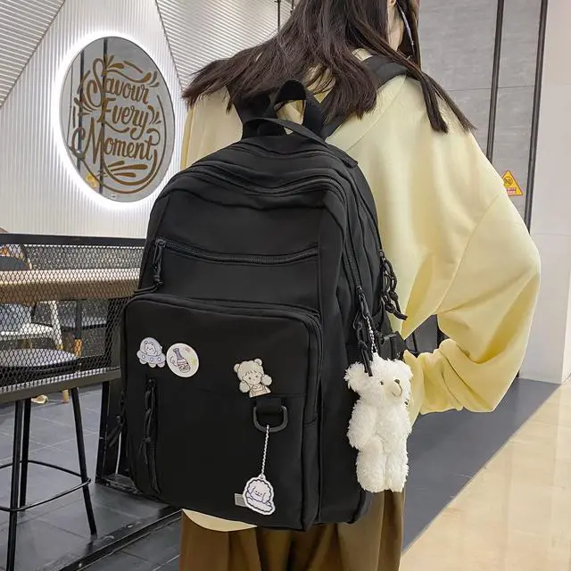 Alt view image 5 of 6 - Cute Aesthetic Backpack for School Middle Student Travel Pink Backpack Teens Girls Bear Pin Book Bags
