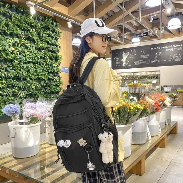 Alt view image 6 of 6 - Cute Aesthetic Backpack for School Middle Student Travel Pink Backpack Teens Girls Bear Pin Book Bags