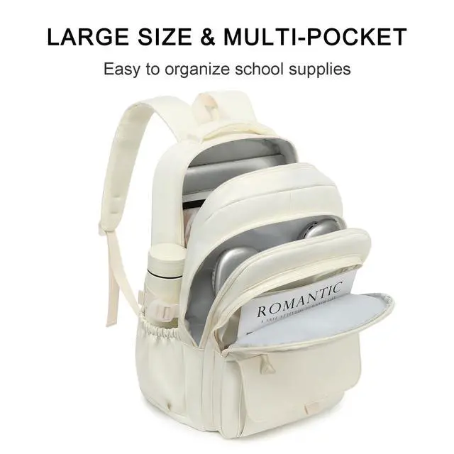 Alt view image 4 of 7 - Girls High Middle School Backpack for Boys, College Aesthetic Laptop Teen Bookbag for Travel,Beige