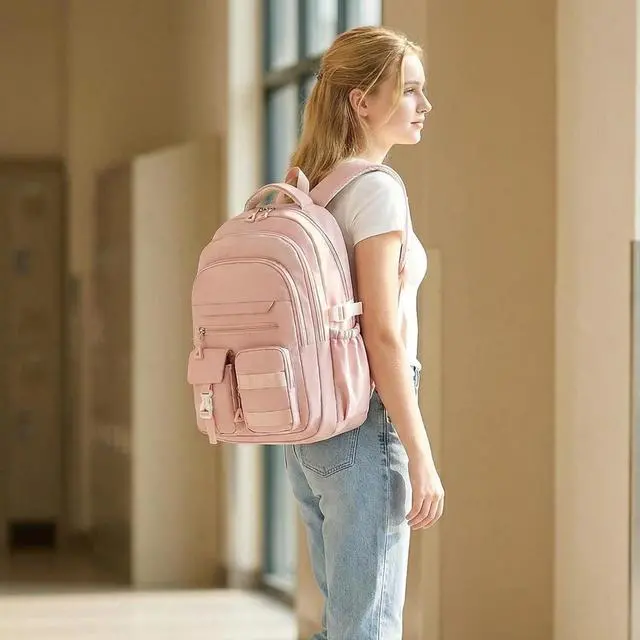 Alt view image 2 of 7 - Cute Backpack for Teen Girls Boys, Aesthetic Travel Bookbag for High Middle School College Student (Pink)