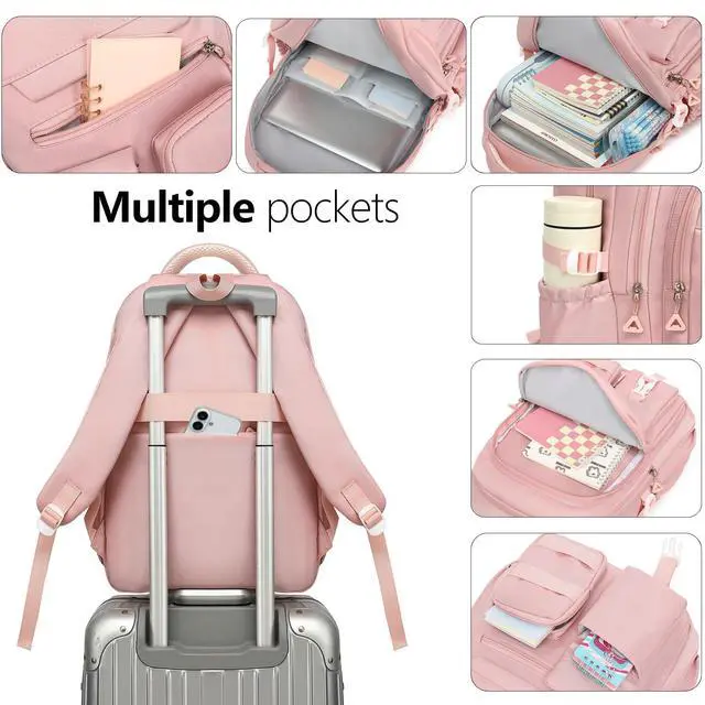 Alt view image 5 of 7 - Cute Backpack for Teen Girls Boys, Aesthetic Travel Bookbag for High Middle School College Student (Pink)