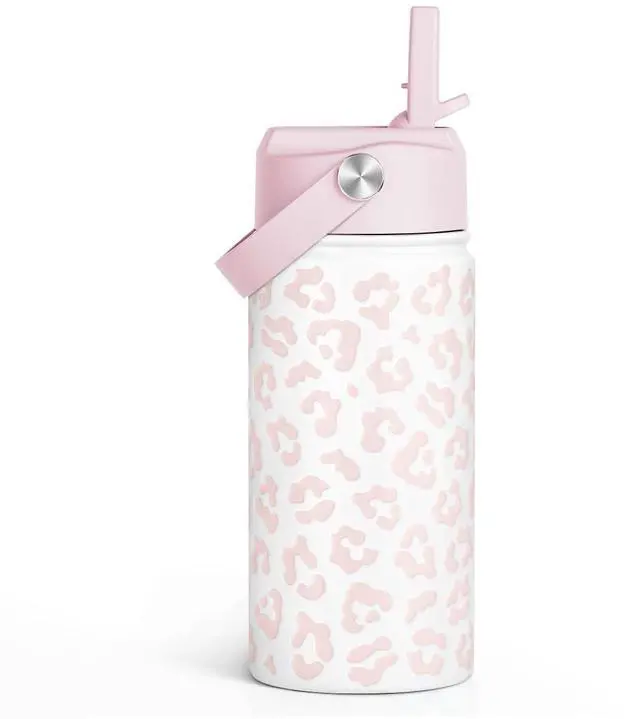 Main image of Beige Leopard Print Kids Water Bottle with Straw Lid 12oz Insulated Stainless Steel, Travel Tumbler, Gifts for Girls, Birthday, Christmas, Back to School