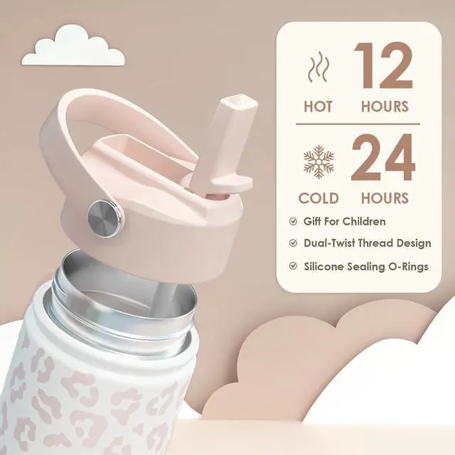 Alt view image 3 of 7 - Beige Leopard Print Kids Water Bottle with Straw Lid 12oz Insulated Stainless Steel, Travel Tumbler, Gifts for Girls, Birthday, Christmas, Back to School