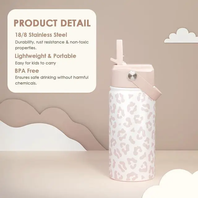 Alt view image 4 of 7 - Beige Leopard Print Kids Water Bottle with Straw Lid 12oz Insulated Stainless Steel, Travel Tumbler, Gifts for Girls, Birthday, Christmas, Back to School