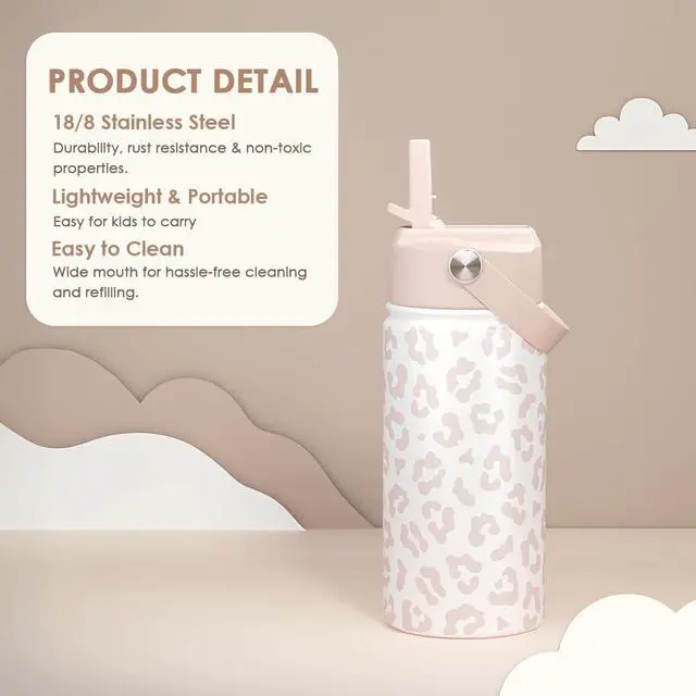 Alt view image 2 of 7 - Beige Leopard Print Kids Water Bottle with Straw Lid 12oz Insulated Stainless Steel, Travel Tumbler, Gifts for Girls, Birthday, Christmas, Back to School