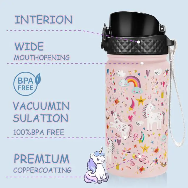 Alt view image 2 of 7 - Kids Water Bottle (Straw Lid) - 14 Oz Stainless Steel Travel Bottle, Double Wall Vacuum Leak Proof Kids Cup for School Boys Girls,Unicorn Fields