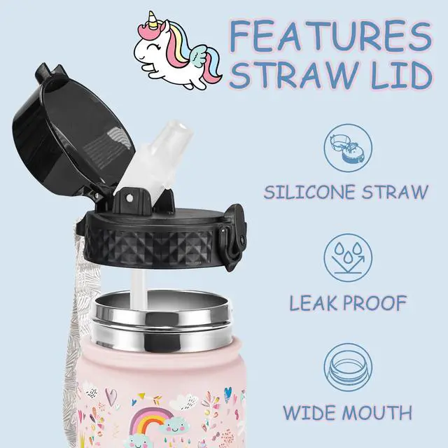 Alt view image 3 of 7 - Kids Water Bottle (Straw Lid) - 14 Oz Stainless Steel Travel Bottle, Double Wall Vacuum Leak Proof Kids Cup for School Boys Girls,Unicorn Fields