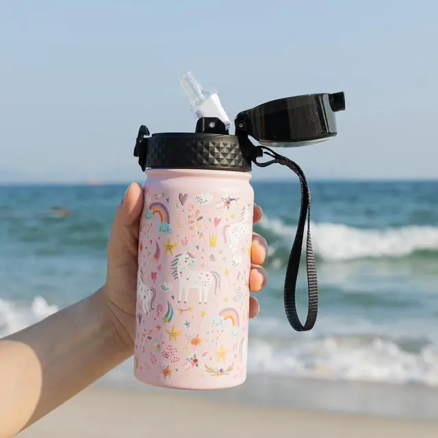 Alt view image 6 of 7 - Kids Water Bottle (Straw Lid) - 14 Oz Stainless Steel Travel Bottle, Double Wall Vacuum Leak Proof Kids Cup for School Boys Girls,Unicorn Fields