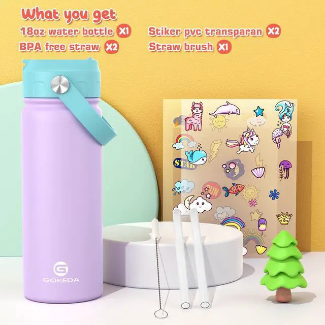 Alt view image 2 of 7 - 18oz Kids Water Bottle, Insulated Water Bottles with Stickers, 18/8 Stainless Steel Vacuum Leak Proof Straw Cup for School, Gifts for Girls(Purple)