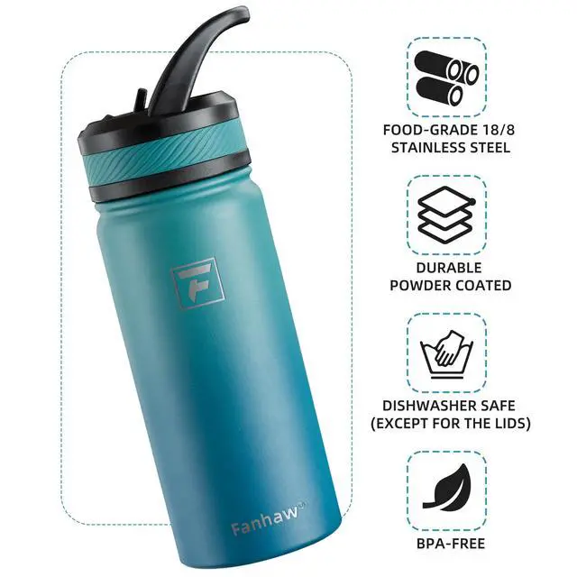Alt view image 3 of 6 - 18 oz Kids Water Bottle for School, Insulated Water Bottle with Straw Lid, Stainless Steel Vacuum Insulated Bottle for Boys & Girls, Leak-Proof, BPA Free(Green Blue)