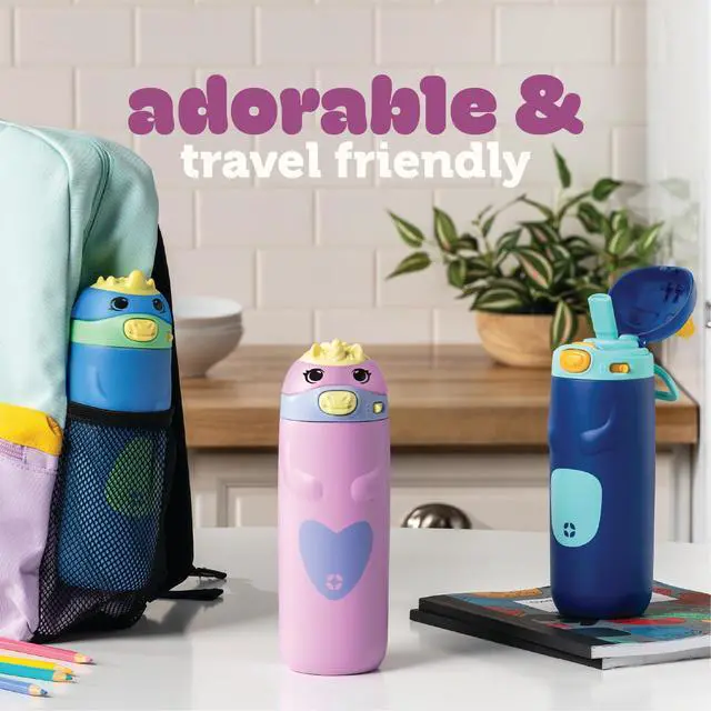 Alt view image 6 of 7 - Ellies 12oz Vacuum Insulated Stainless Steel Kids Water Bottle with Straw and Built-in Carrying Handle and Leak-Proof Locking Lid for School Backpack, Lunchbox and Outdoor Sports, Cat