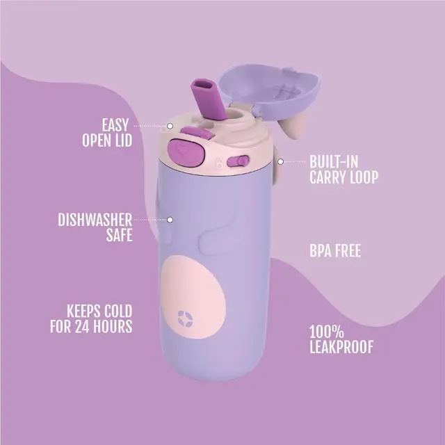 Alt view image 3 of 7 - Ellies 12oz Vacuum Insulated Stainless Steel Kids Water Bottle with Straw and Built-in Carrying Handle and Leak-Proof Locking Lid for School Backpack, Lunchbox and Outdoor Sports, Cat