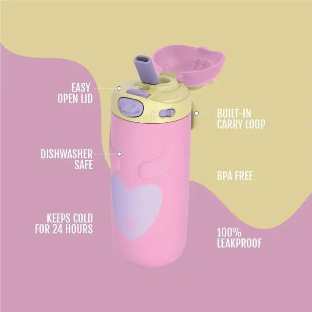 Alt view image 3 of 7 - Ellies 12oz Vacuum Insulated Stainless Steel Kids Water Bottle with Straw and Built-in Carrying Handle and Leak-Proof Locking Lid for School Backpack, Lunchbox and Outdoor Sports, Unicorn