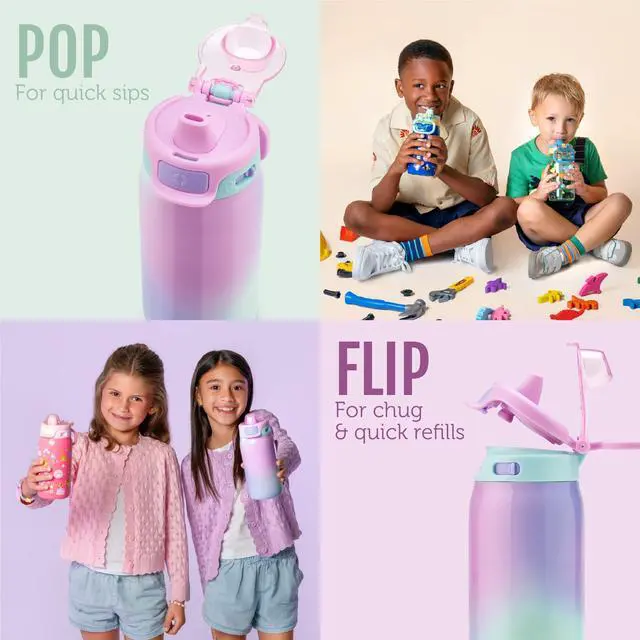 Alt view image 5 of 7 - Kids Pop & Fill 12oz Toddler Water Bottle with Quick Fill Lid, Double-Wall Vacuum Insulated Stainless Steel, Leak Proof, BPA Free, Sip & Chug, For School, Lunchboxes, Construction Site