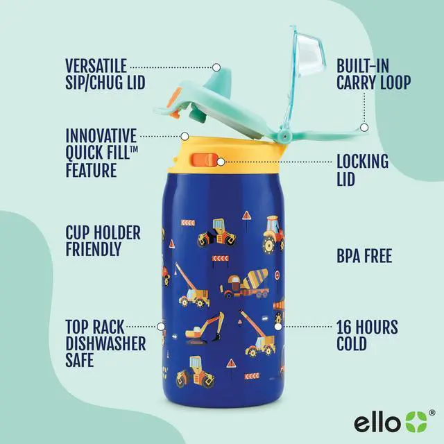 Alt view image 4 of 7 - Kids Pop & Fill 12oz Toddler Water Bottle with Quick Fill Lid, Double-Wall Vacuum Insulated Stainless Steel, Leak Proof, BPA Free, Sip & Chug, For School, Lunchboxes, Construction Site
