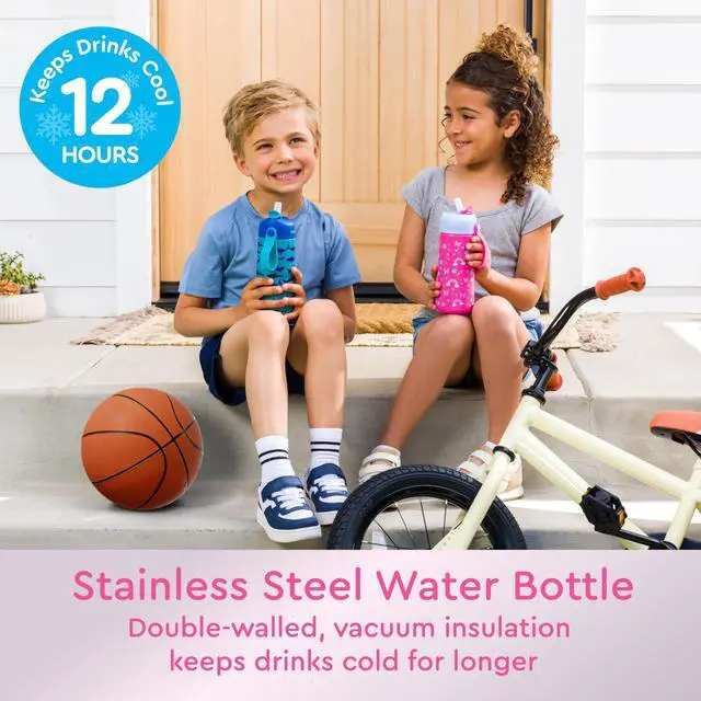 Alt view image 2 of 7 - Kids Stainless Steel Insulated Water Bottle - Leak-Proof; Keeps Cool for 12 Hours; Durable, BPA-Free, Dishwasher Safe 14 oz. Cup for Ages 3+ for School/Sports/Daycare (Rainbows & Butterflies)