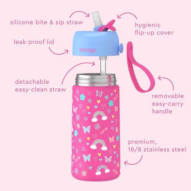 Alt view image 3 of 7 - Kids Stainless Steel Insulated Water Bottle - Leak-Proof; Keeps Cool for 12 Hours; Durable, BPA-Free, Dishwasher Safe 14 oz. Cup for Ages 3+ for School/Sports/Daycare (Rainbows & Butterflies)