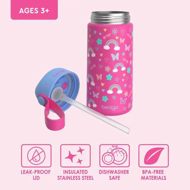 Alt view image 5 of 7 - Kids Stainless Steel Insulated Water Bottle - Leak-Proof; Keeps Cool for 12 Hours; Durable, BPA-Free, Dishwasher Safe 14 oz. Cup for Ages 3+ for School/Sports/Daycare (Rainbows & Butterflies)