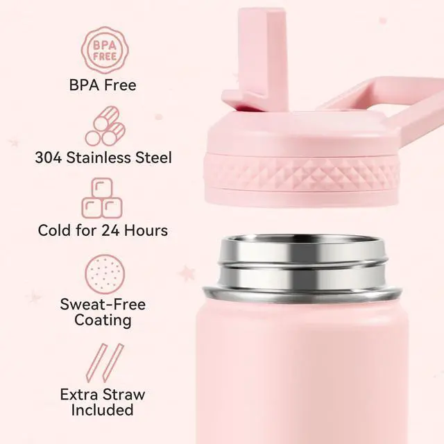 Alt view image 3 of 7 - 12 oz Kids Water Bottle, Toddler Water Bottle with Straw, Boys&Girls Bottle for School, 304 Stainless Steel Vacuum Insulated Bottle for Kids, BPA-Free, Leak-Proof, Pink