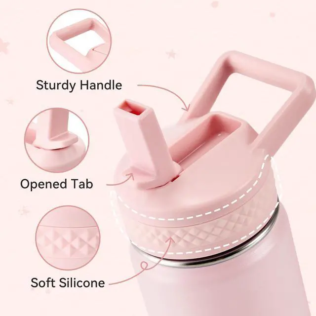 Alt view image 2 of 7 - 12 oz Kids Water Bottle, Toddler Water Bottle with Straw, Boys&Girls Bottle for School, 304 Stainless Steel Vacuum Insulated Bottle for Kids, BPA-Free, Leak-Proof, Pink