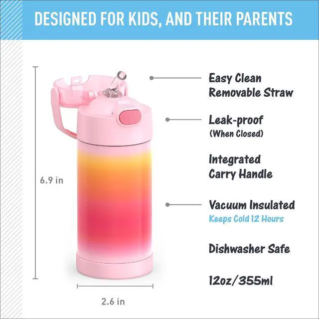 Alt view image 2 of 7 - FUNTAINER Water Bottle with Straw - 12 Ounce - Kids Stainless Steel Vacuum Insulated Water Bottle with Lid, Pink Ombre
