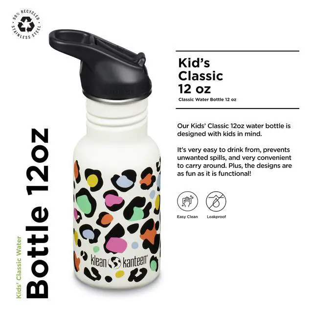 Alt view image 2 of 7 - 12 oz Classic Kid's Water Bottle with Flip Seal Sport Cap & Straw - 100% Leakproof Cap - Durable Stainless Steel Material - Lightweight & Easy-Grip - BPA-Free - Leopard Print