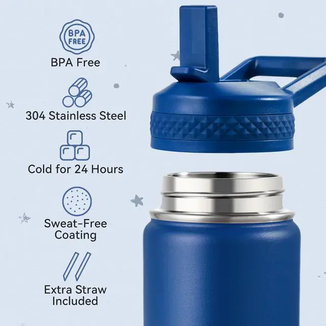 Alt view image 3 of 7 - 12 oz Kids Water Bottle, Toddler Water Bottle with Straw, Boys&Girls Bottle for School, 304 Stainless Steel Vacuum Insulated Bottle for Kids, BPA-Free, Leak-Proof, Navy blue