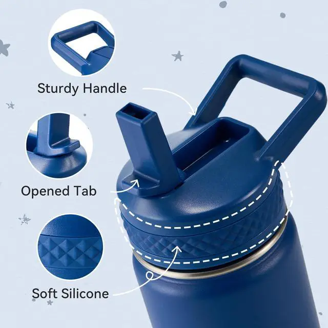 Alt view image 2 of 7 - 12 oz Kids Water Bottle, Toddler Water Bottle with Straw, Boys&Girls Bottle for School, 304 Stainless Steel Vacuum Insulated Bottle for Kids, BPA-Free, Leak-Proof, Navy blue
