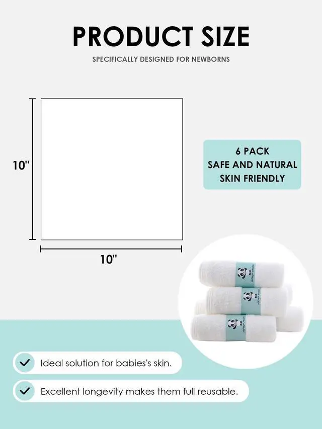 Alt view image 2 of 7 - Baby Washcloths, Rayon Made from Bamboo - 2 Layer Ultra Soft Absorbent Newborn Bath Face Towel - Reusable Baby Wipes for Delicate Skin - White, 6 Pack