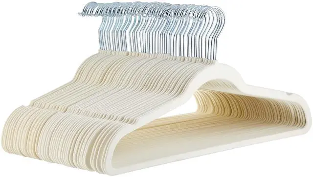 Main image of Slim Velvet Non-Slip Space Saving Suit Clothes Hangers with Shoulder Notches for Closet Organization, Ivory/Silver, 50-Pack