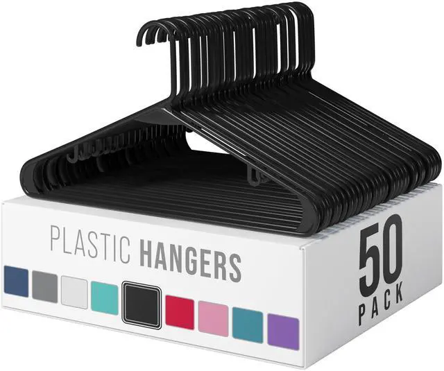 Main image of Plastic Hangers 50 Pack Black - Clothes Hangers - Makes The Perfect Coat Hanger and General Space Saving Hangers for Closet and New Apartment Essentials - Percheros Ganchos para Colgar Ropa Hangars