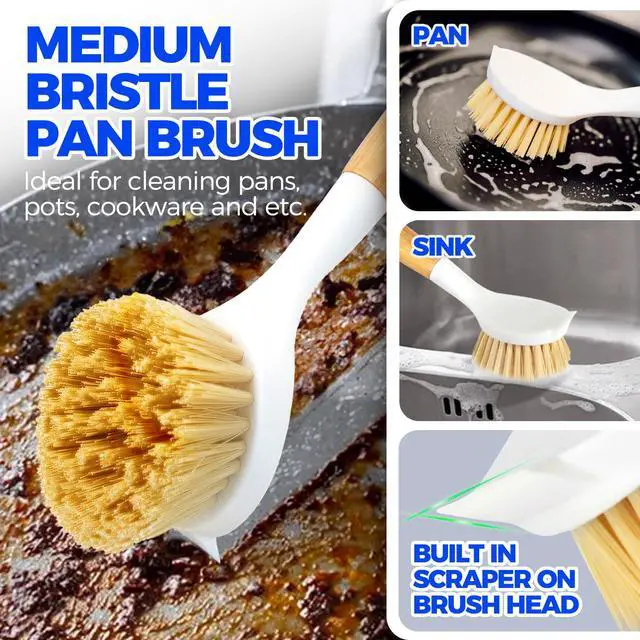 Alt view image 4 of 6 - Holikme 3 Pack Dish Brush Set with Bamboo Handle, Kitchen Brushes for Cleaning Pot, Sink and Stove, Skillet Scrubber with Tough Bristles for Cast Iron Grill Pan, White Yellow Black