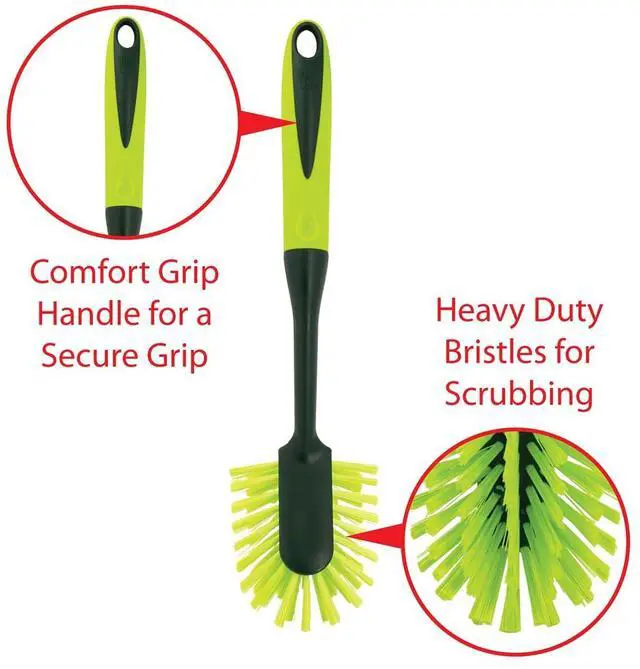 Alt view image 2 of 7 - Scrub Brush Set - Long Handle Cleaning Brushes with Heavy Duty Bristles and Comfort Grip - Scrubbers for Kitchen, Household, and Dishwashing, 5 Pieces