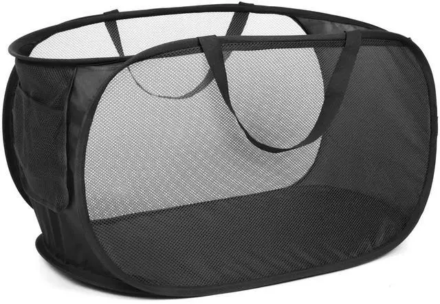 Main image of Durable Collapsible Laundry Baskets, Mesh Pop Up Laundry Hamper with Side Pocket, Foldable Clothes Storage Hamper with Reinforced Carry Handles for Laundry, Bathroom, Kids Room, Dorm or Travel Black