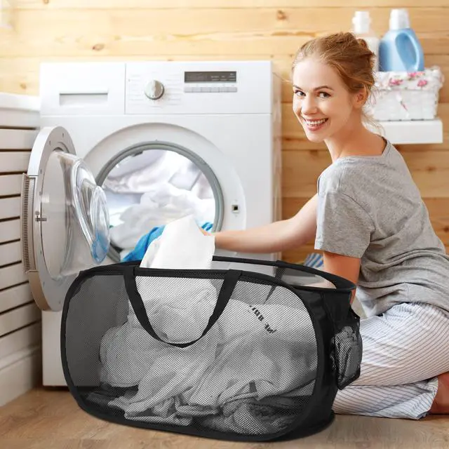 Alt view image 2 of 7 - Durable Collapsible Laundry Baskets, Mesh Pop Up Laundry Hamper with Side Pocket, Foldable Clothes Storage Hamper with Reinforced Carry Handles for Laundry, Bathroom, Kids Room, Dorm or Travel Black