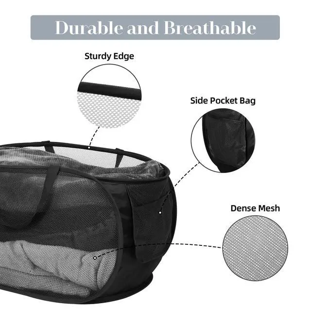 Alt view image 4 of 7 - Durable Collapsible Laundry Baskets, Mesh Pop Up Laundry Hamper with Side Pocket, Foldable Clothes Storage Hamper with Reinforced Carry Handles for Laundry, Bathroom, Kids Room, Dorm or Travel Black