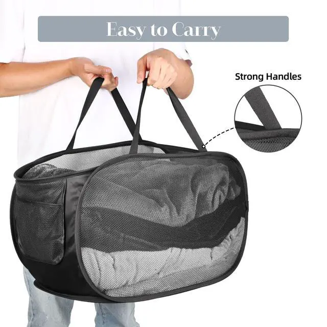 Alt view image 5 of 7 - Durable Collapsible Laundry Baskets, Mesh Pop Up Laundry Hamper with Side Pocket, Foldable Clothes Storage Hamper with Reinforced Carry Handles for Laundry, Bathroom, Kids Room, Dorm or Travel Black
