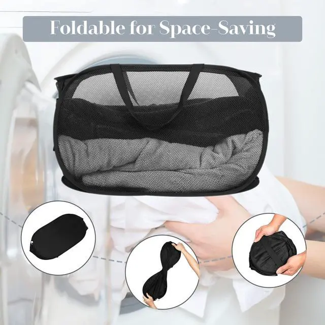 Alt view image 6 of 7 - Durable Collapsible Laundry Baskets, Mesh Pop Up Laundry Hamper with Side Pocket, Foldable Clothes Storage Hamper with Reinforced Carry Handles for Laundry, Bathroom, Kids Room, Dorm or Travel Black