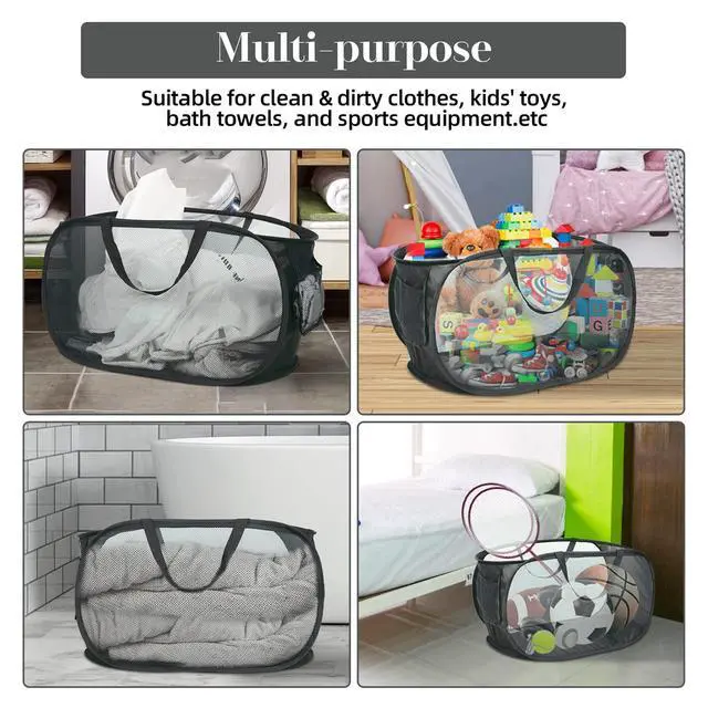 Alt view image 7 of 7 - Durable Collapsible Laundry Baskets, Mesh Pop Up Laundry Hamper with Side Pocket, Foldable Clothes Storage Hamper with Reinforced Carry Handles for Laundry, Bathroom, Kids Room, Dorm or Travel Black