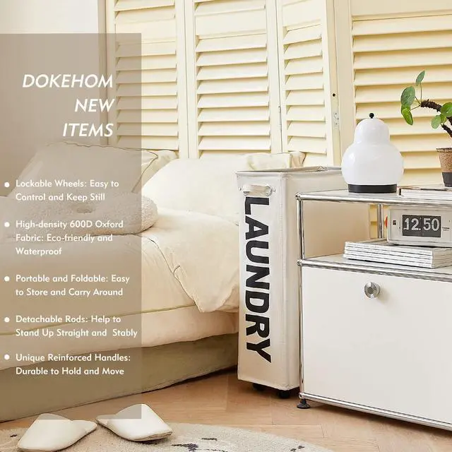 Alt view image 2 of 7 - 25-Inches Slim Laundry Basket on Wheels, Collapsible Rolling Laundry Hamper, Foldable Narrow Corner Clothes Storage Bins (Beige)