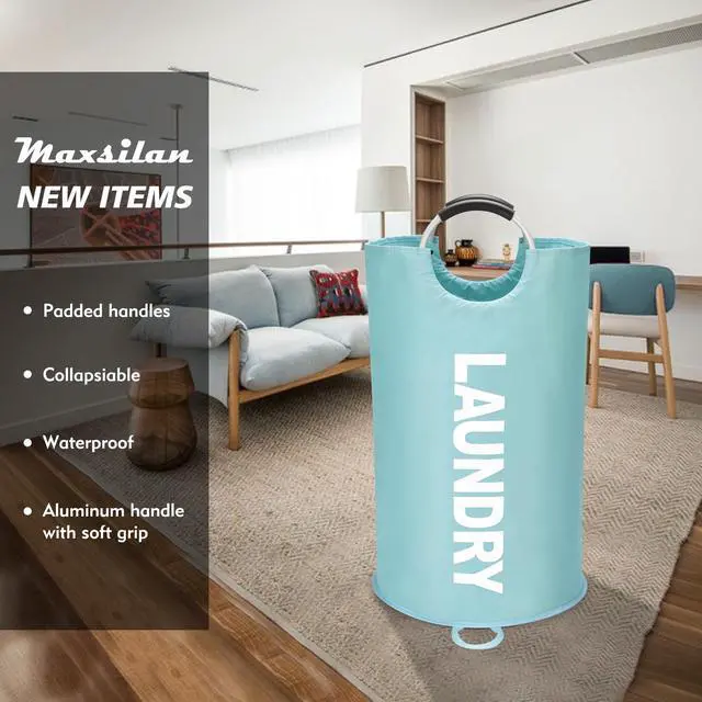 Alt view image 2 of 7 - 90L Large Laundry Basket, Freestanding Tall Clothes Hamper, Collapsible Laundry Bag, Light Blue