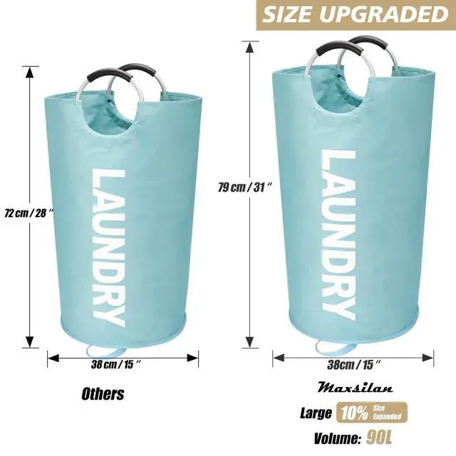 Alt view image 3 of 7 - 90L Large Laundry Basket, Freestanding Tall Clothes Hamper, Collapsible Laundry Bag, Light Blue